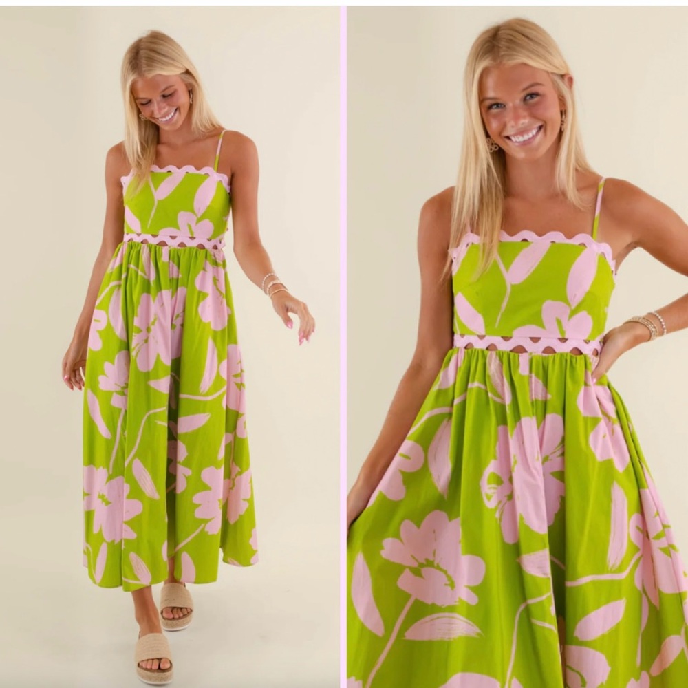 Vibrant Floral Maxi Dress in Green and Pink